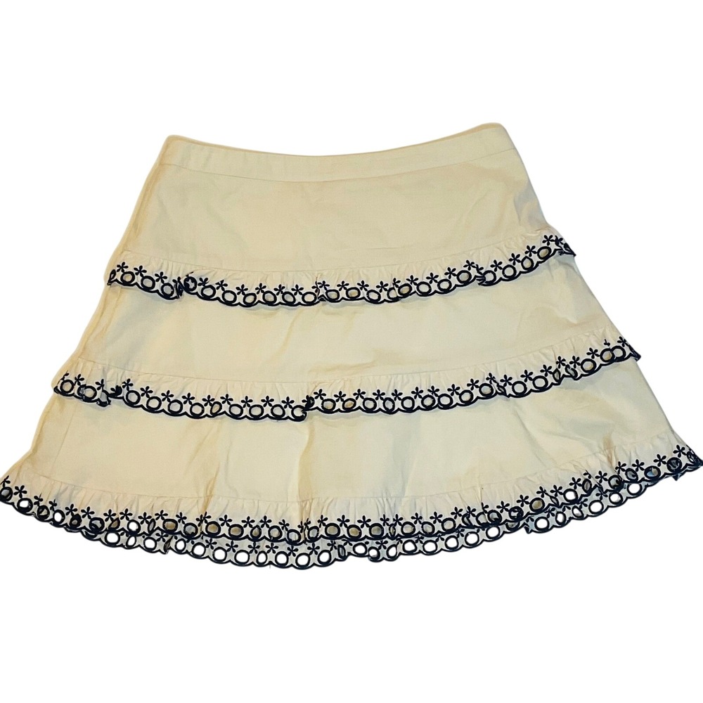 STELLAH women's skirt Cream Navy Blue Eyelet Tiered‎ Mini Ruffle Scalloped Large